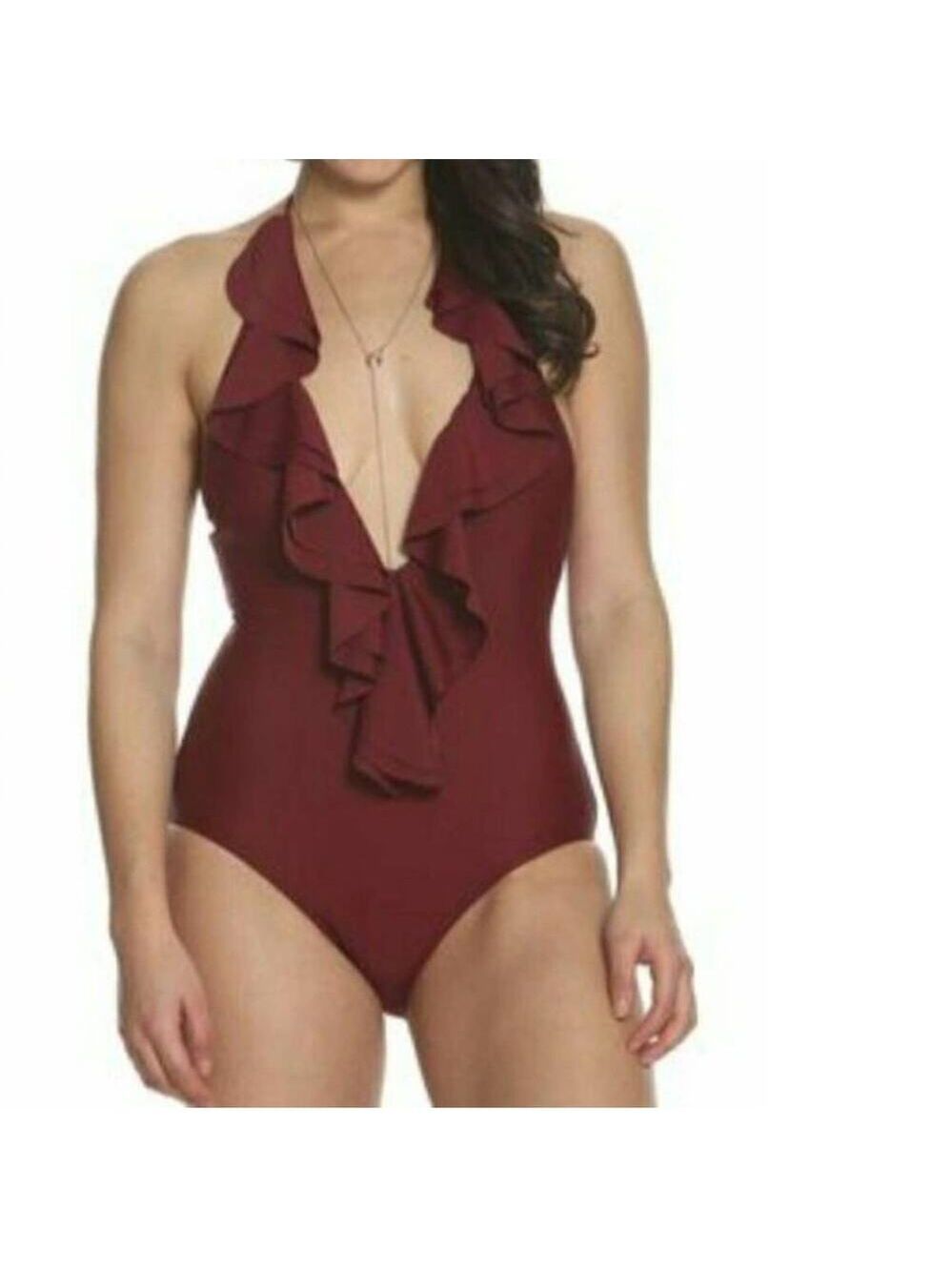 Sun & Sea Burgundy Ruffle Halter Swimsuit Size 6 NWT